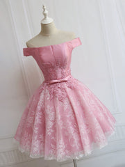 Elegant Off-Shoulder Pink Lace Prom Dress, Short Homecoming Formal Evening Gown
