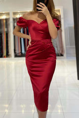 Elegant Off-Shoulder Burgundy Tea-Length Satin Prom Dress for Formal Evenings