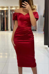 Elegant Off-Shoulder Burgundy Tea-Length Satin Prom Dress for Formal Evenings
