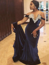 Elegant Off-Shoulder Velvet Mermaid Prom Dress with Applique Sweep Train
