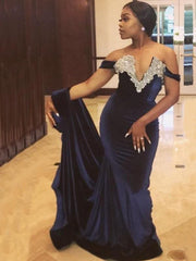 Elegant Off-Shoulder Velvet Mermaid Prom Dress with Applique Sweep Train