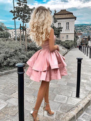 One Shoulder Layered Pink Short Prom Homecoming Formal Evening Dress