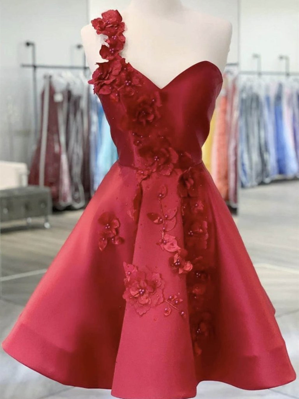 One Shoulder Open Back Burgundy Floral Prom Dress, Wine Red Formal Evening Homecoming Gown