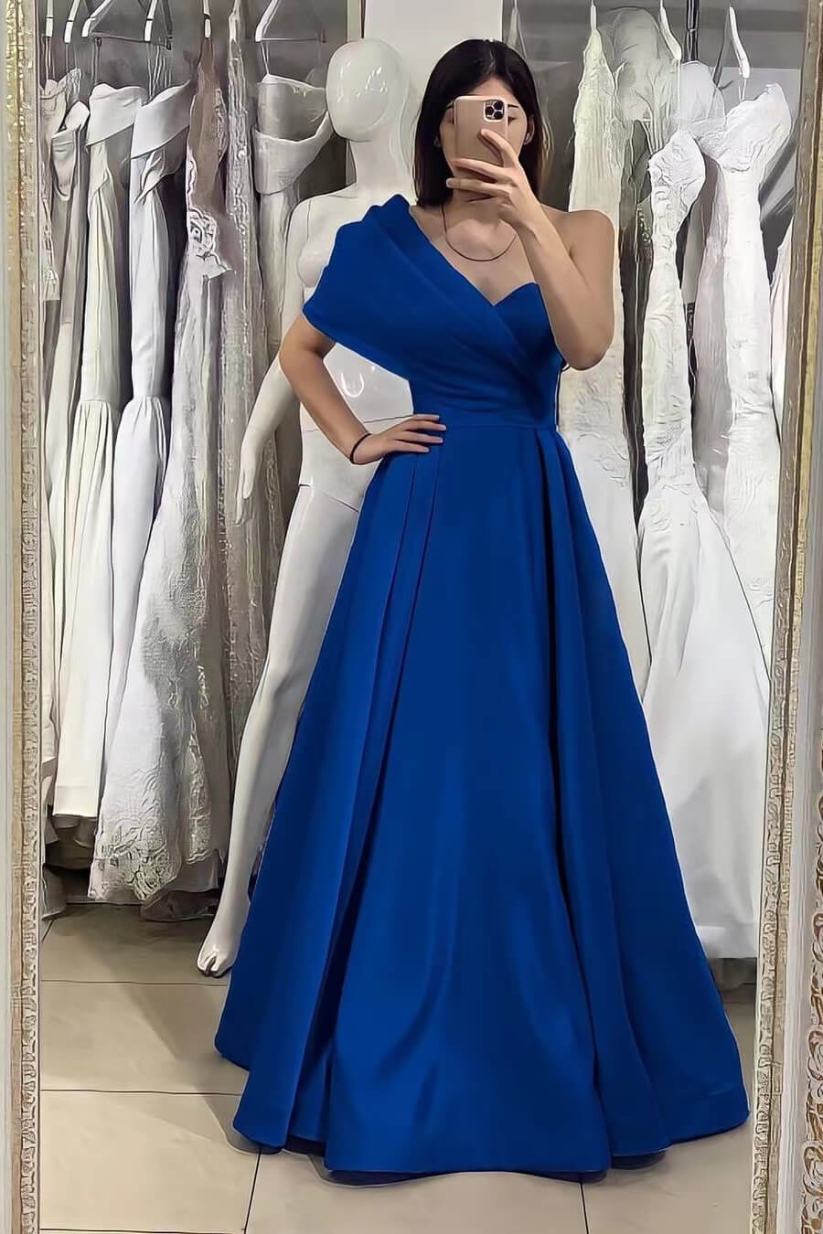 Elegant Royal Blue One Shoulder Sweetheart Off-The-Shoulder Evening Dress