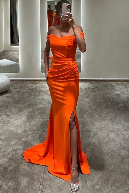 Stunning Orange Off-Shoulder Mermaid Prom Dress with Long Slit Design
