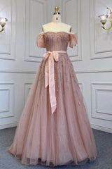 Pink Off-Shoulder Bubble Sleeve Prom Dress with Sequins and Tulle Belt