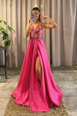 Elegant Pink V-Neck A-Line Prom Dress with Slit and Delicate Lace Appliqués