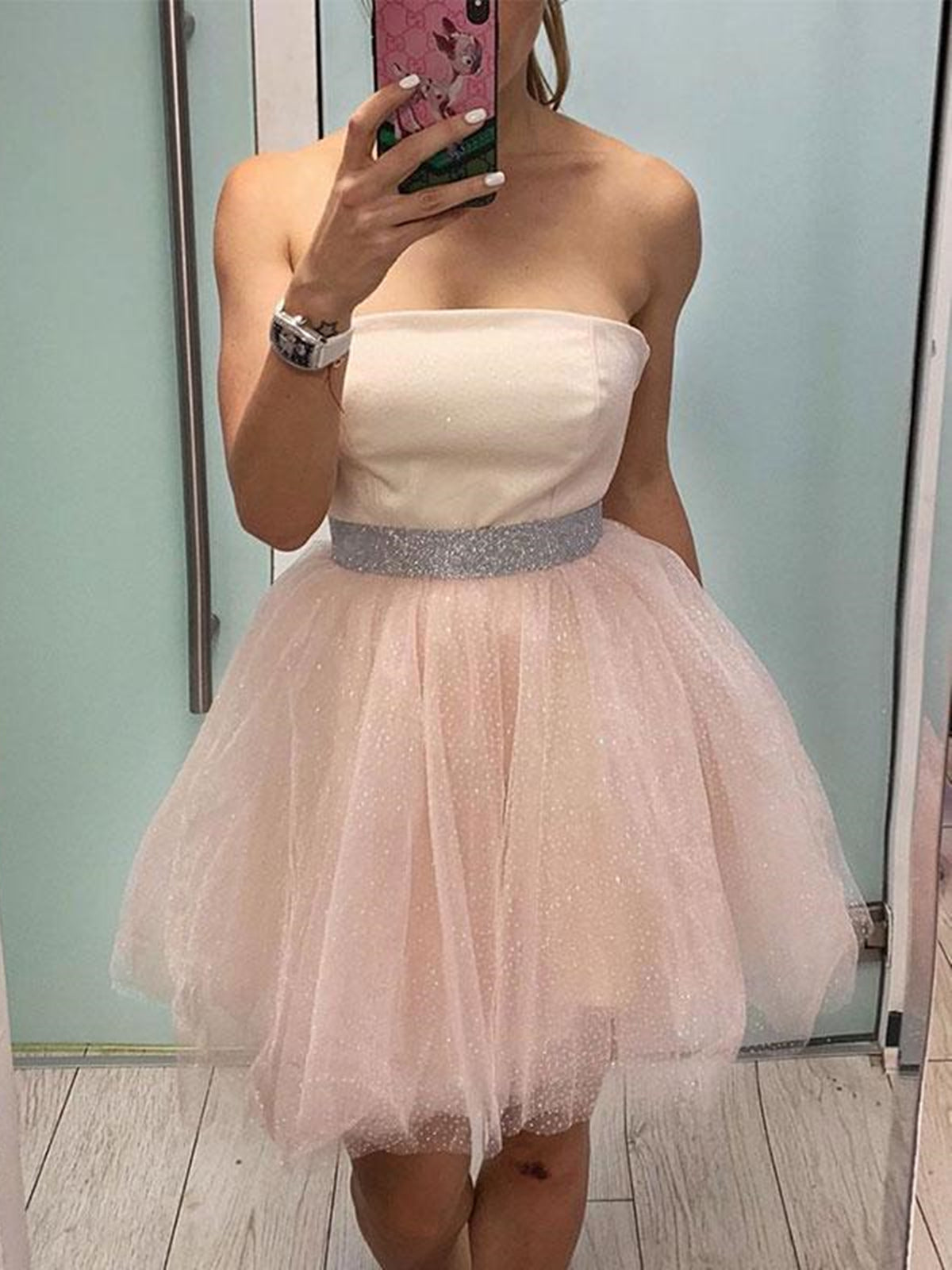 Princess Strapless Short Pink Tulle Homecoming Prom Dress with Belt, Formal Graduation Evening