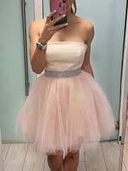 Princess Strapless Short Pink Tulle Homecoming Prom Dress with Belt, Formal Graduation Evening