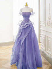 Stunning Purple A-Line Off Shoulder Tulle Lace Prom Gown