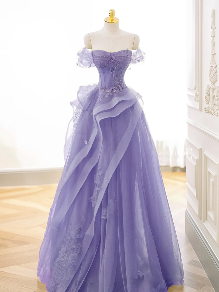 Stunning Purple A-Line Off Shoulder Tulle Lace Prom Gown