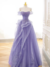 Stunning Purple A-Line Off Shoulder Tulle Lace Prom Gown