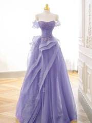 Stunning Purple A-Line Off Shoulder Tulle Lace Prom Gown