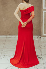 Stunning Red Long Sleeve One-Shoulder Mermaid Prom Dress with Elegant Beading