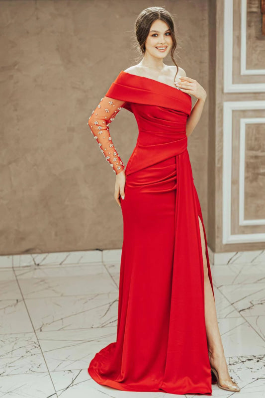 Stunning Red Long Sleeve One-Shoulder Mermaid Prom Dress with Elegant Beading