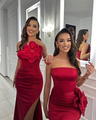 Elegant Red Strapless Prom Dress with Handmade Flowers, Pearls, Split, and Pleats