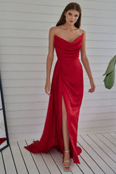 Stunning Red Strapless Pleated Mermaid Prom Dress with Elegant Split Design