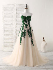 Elegant A-Line Sweetheart Tulle Lace Applique Green Long Prom Bridesmaid Dress