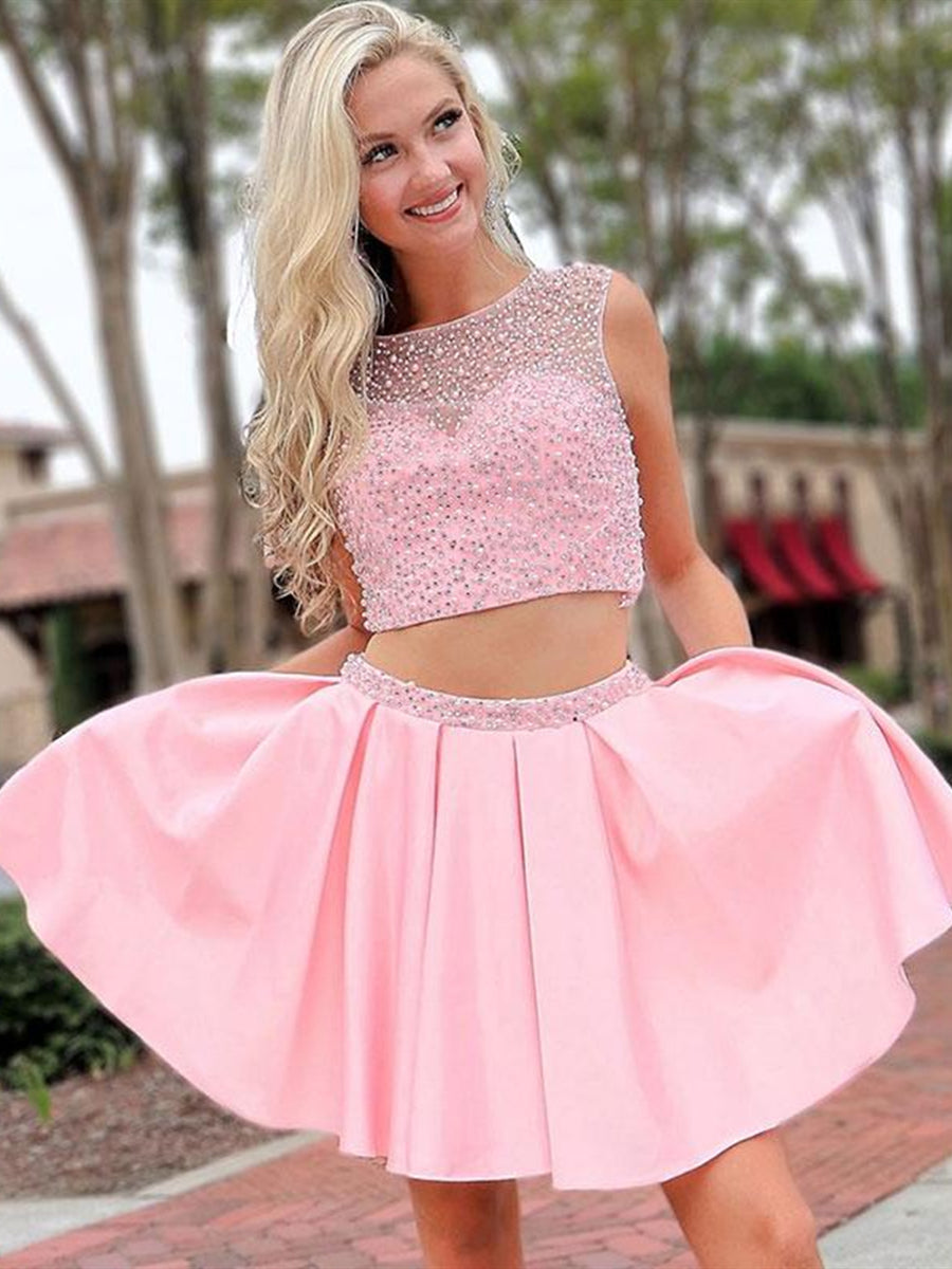 Round Neck Two-Piece Beaded Pink Prom Homecoming Short Formal Dress