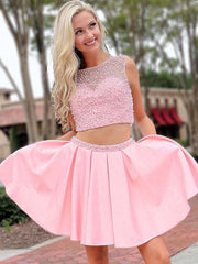 Round Neck Two-Piece Beaded Pink Prom Homecoming Short Formal Dress