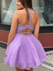 Sparkling Purple Two-Piece Halter Short Prom Dress: Beaded Homecoming & Graduation Evening Gown