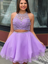 Sparkling Purple Two-Piece Halter Short Prom Dress: Beaded Homecoming & Graduation Evening Gown