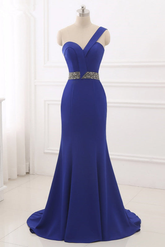 Elegant Royal Blue One-Shoulder Mermaid Prom Dress with Beaded Back Design