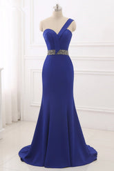 Elegant Royal Blue One-Shoulder Mermaid Prom Dress with Beaded Back Design