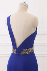 Elegant Royal Blue One-Shoulder Mermaid Prom Dress with Beaded Back Design