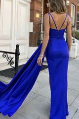 Elegant Royal Blue Strapped Deep V-Neck Mermaid Prom Dress with Split & Ruffles