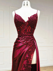 Burgundy V Neck Satin Lace Long Prom Evening Dress