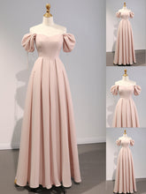 Elegant A-Line Puff Sleeves Pink Satin Long Prom Bridesmaid Dress