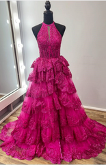 Elegant Halter Tulle Sequin A-Line Prom Dress with Dazzling Split Front