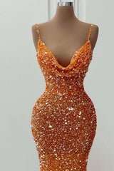 Sparkling Orange Sequin Mermaid Prom Dress: Elegant V-Neck, Spaghetti Straps, Tailored Fit