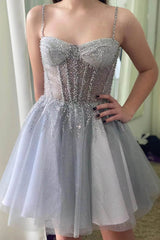 Sparkling Silver Gray Tulle Homecoming Dress Sleeveless Sequin Party Gown