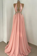 Elegant Halter Empire Beaded A-Line Long Prom Dress for Special Occasions