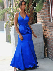 Elegant V-Neck Sleeveless Ruched Satin Mermaid Prom Dress for Women