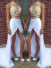 Elegant Halter Sleeveless Beaded Chiffon Prom Dress with Sweep Train