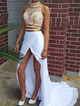 Elegant Halter Sleeveless Beaded Chiffon Prom Dress with Sweep Train