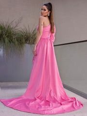 Elegant One-Shoulder Long Sleeve Ruched Charmeuse Prom Dress with Front Slit