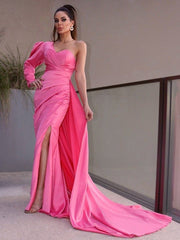 Elegant One-Shoulder Long Sleeve Ruched Charmeuse Prom Dress with Front Slit