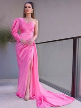 Elegant One-Shoulder Long Sleeve Ruched Charmeuse Prom Dress with Front Slit
