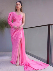 Elegant One-Shoulder Long Sleeve Ruched Charmeuse Prom Dress with Front Slit
