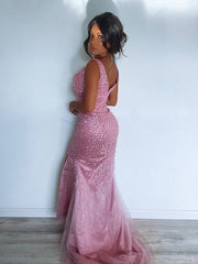 Sparkling Sequin Sheath Column Prom Dress, Sleeveless Sweetheart Tulle Gown with Train