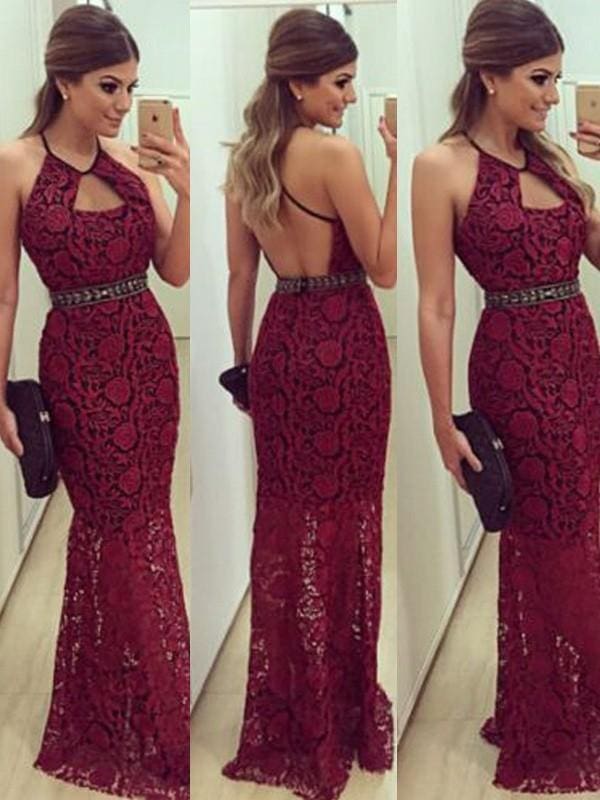 Elegant Sheath Lace Halter Sleeveless Floor-Length Beaded Prom Dress for Women
