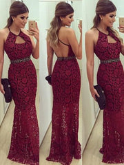 Elegant Sheath Lace Halter Sleeveless Floor-Length Beaded Prom Dress for Women
