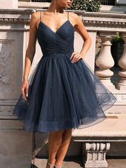 Shiny A-Line V-Neck Dark Blue Short Prom Dress: Elegant Navy Formal Graduation Homecoming