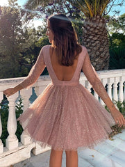 Sparkling Pink Sequin Mini Prom Dress with Long Sleeves for Homecoming & Graduation