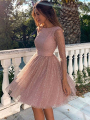 Sparkling Pink Sequin Mini Prom Dress with Long Sleeves for Homecoming & Graduation