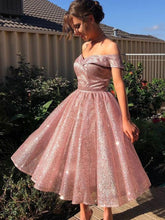 Sparkly Rose Pink Off-Shoulder Knee-Length Prom Dress: Shimmering Formal Homecoming Gown